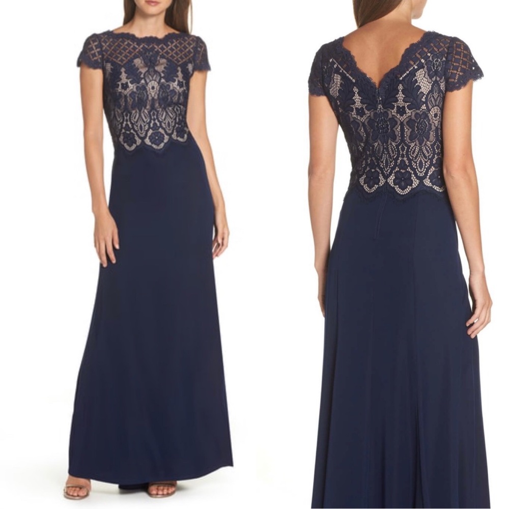 NWT Tadashi Shoji Lace Crepe Navy Blue A-Line Gown